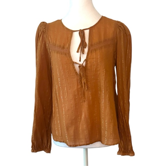 a.n.a Brown Long Sleeve Tie Front Blouse small - Picture 1 of 5
